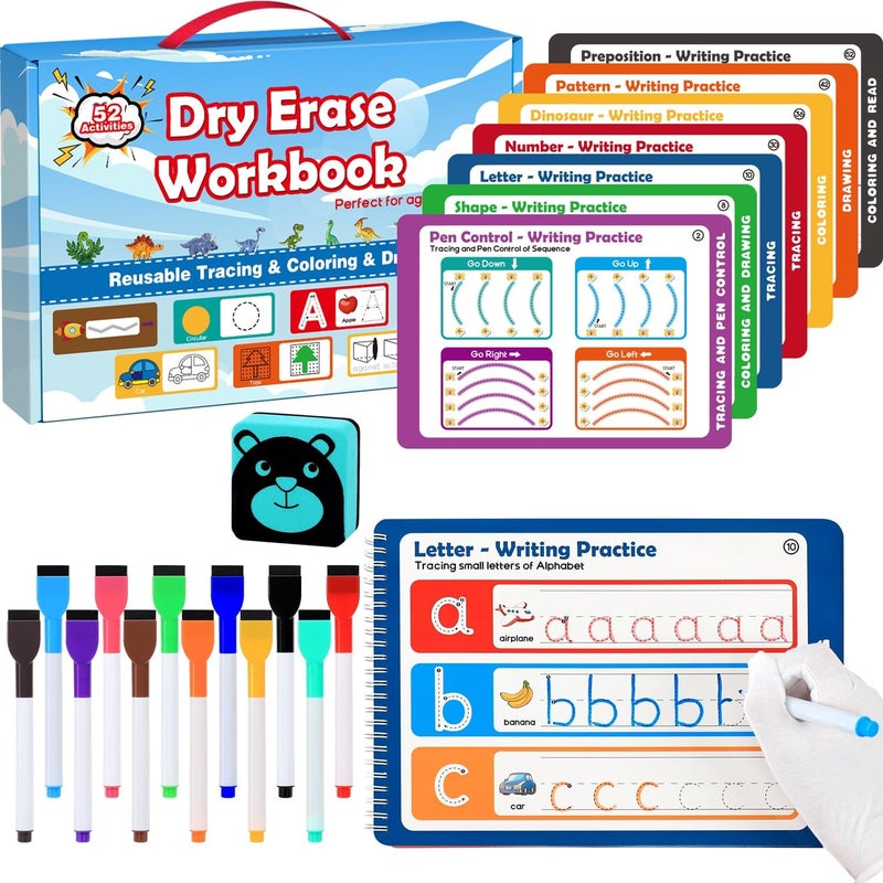 iHarPro Preschool Learning Activities - 52 Pages Handwriting Practice Tracing Books for Kids, Montessori Toys Kindergarten Educational Workbooks Age 3-6, with 12 Dry Erase Markers - Image 1